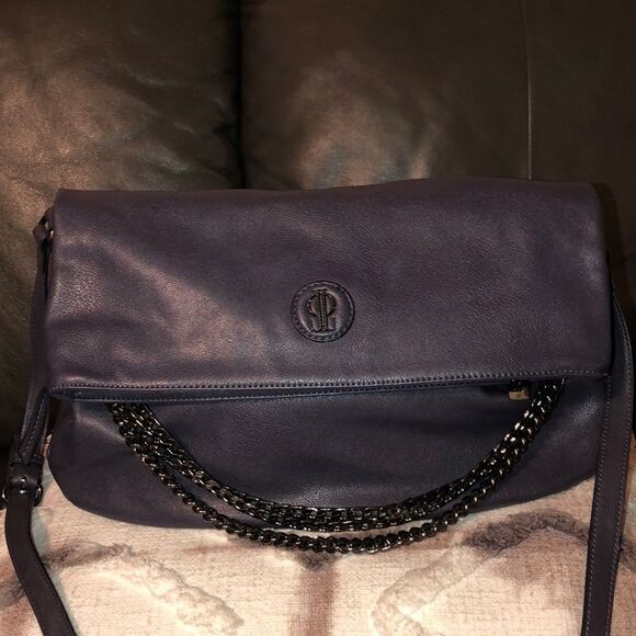 Jennifer Lopez Indigo Faux Leather Foldover Cross Body Purse Bag Chain Detail